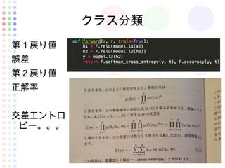 クラス分類
第１戻り値
誤差
第２戻り値
正解率
交差エントロ
ピー。。。
 