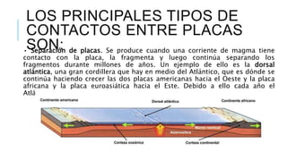 LOS PRINCIPALES TIPOS DE
CONTACTOS ENTRE PLACAS
SON:• Separación de placas. Se produce cuando una corriente de magma tiene
contacto con la placa, la fragmenta y luego continúa separando los
fragmentos durante millones de años. Un ejemplo de ello es la dorsal
atlántica, una gran cordillera que hay en medio del Atlántico, que es dónde se
continúa haciendo crecer las dos placas americanas hacia el Oeste y la placa
africana y la placa euroasiática hacia el Este. Debido a ello cada año el
Atlántico es unos 3 cm más ancho.
 