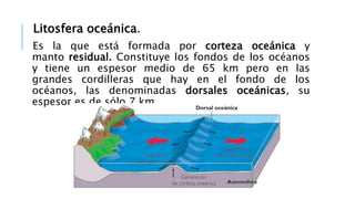Litosfera oceánica.
Es la que está formada por corteza oceánica y
manto residual. Constituye los fondos de los océanos
y tiene un espesor medio de 65 km pero en las
grandes cordilleras que hay en el fondo de los
océanos, las denominadas dorsales oceánicas, su
espesor es de sólo 7 km.
 
