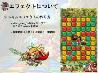 エフェクトについて
スキルエフェクトの作り方
・effect_start_01のタイミングで
キラキラparticleを追加
・攻撃範囲は十字ナナメ範囲と十字範囲
・effect_start_02のタイミングで
☆particleを追加
・攻撃範囲は横３列
 