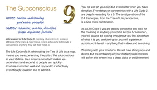 The Life Code of a 9, when using the Tree of Life as a map,
means you are experiencing the path of the subconscious
in your lifetime. Your extreme sensitivity makes you
understand and respond to people very quickly.
You take instruction well and respond to it effectively
even though you don’t like to admit it.
You do well on your own but even better when you have
direction. Friendships or partnerships with a Life Code 2
are deeply rewarding for a 9. The amalgamation of the
2  9 energies, from the Tree of Life perspective,
is a soul mate combination.
As a Life Code 9 you are deeply perceptive and look for
the meaning in anything you come across. A ‘searcher’,
you will always be looking throughout your life. Uncertain
of what it is you are looking for, you will experience
a profound interest in anything that is deep and searching.
Wrestling with your emotions, life will have strong ups and
downs but the embracing of your metaphysical interests
will soften this energy into a deep place of enlightenment.
Life lesson for Life Code 9: mastery of emotions to achieve
stillness of the mind  inner focus. Once achieved a Life Code 9
can achieve anything they set their mind to.
The Subconscious
UPSIDE: Sensitive, understanding,
good partner, perceptive
SHADOW: Subservient, uncertain, dissatisfied,
forager, acquiescent, frustrated
 