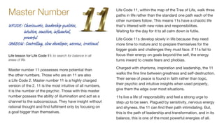 Master number 11 possesses more potential than
the other numbers. Those who are an 11 are also
a Life Code 2. Master number 11 is a highly charged
version of the 2. 11 is the most intuitive of all numbers,
it is the number of the psychic. Those with this master
number possess the ability of illumination and act as a
channel to the subconscious. They have insight without
rational thought and find fulfilment only by focusing on
a goal bigger than themselves.
Life Code 11, within the map of the Tree of Life, walk three
paths in life rather than the standard one path each of the
other numbers follow. This means 11s have a chaotic life
that’s littered with new roles and responsibilities.
Waiting for the day for it to all calm down is futile.
Life Code 11s develop slowly in life because they need
more time to mature and to prepare themselves for the
bigger goals and challenges they must face. If 11s fail to
focus their energy on goals beyond the self, the energy
turns inward to create fears and phobias.
Charged with charisma, inspiration and leadership, the 11
walks the fine line between greatness and self-destruction.
Their sense of peace is found in faith rather than logic,
their psychic and intuitive insights when used properly,
give them the edge over most situations.
11s live a life of responsibility and feel a strong urge to
step up to be seen. Plagued by sensitivity, nervous energy
and shyness, the 11 can find their path intimidating. But,
this is the path of leadership and transformation, and in its
balance, this is one of the most powerful energies of all.
Life lesson for Life Code 11: to search for balance in all
areas of life.
Master Number
UPSIDE: Charismatic, leadership qualities,
intuitive, sensitive, influential,
powerful
SHADOW: Controlling, slow developer, nervous, irrational
 