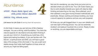 A Life Code 4 means you are not one of life’s fleeting
energies. You are a strong, solid foundation. You have the
natural capacity for abundance and abundant thinking if
you set your mind to it. Everything you build has a firm,
logical and lasting foundation. If you are familiar with ‘The
Secret’, a spiritual book and DVD, you will have a good
idea of the energy of the Life Code 4. You are a calm and
stable energy that holds itself together at times when all
around you might be falling apart.
Not one for wandering, you stay firmly put once you’ve
decided where you want to be. Your Life Code means you
like to work steadily towards your goal with step by step
thinking and planning on the way. Once attained, you’ll
then address a new goal moving forward methodically and
practically. Always working and always building, you have
a sound capacity for patience and are very well prepared.
At times you can get bogged down in your own details and
can lose sight of the big picture. You can be extremely
stubborn and jealous if pushed into a corner. Ready to take
on anything, you are dependable and loyal.
UPSIDE:	Planner, thinker, logical, calm,
stable, patient, tolerant, dependable
SHADOW:	Picky, obstinate, envious
Life lesson for Life Code 4: learning heart-felt expression.
Abundance
 