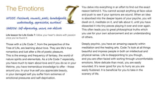 Those with a Life Code 7, from the perspective of the
Tree of Life, are learning about love. They are life’s true
romantics and lust after a life of poetic pleasure.
This is the energy and frequency of fantasy, the world of
nature spirits and elementals. As a Life Code 7 especially,
you have much to learn about love and if you do so in your
lifetime, you have tremendous knowledge to offer - those
around you. In your true self you appreciate beauty,
in your damaged self you suffer from extremes of
emotional pressures and self-deprivation.
You delve into everything in an effort to find out the exact
reason behind it. You cannot accept anything at face value
and push to see if your opinions are sound. When an idea
is absorbed into the deeper layers of your psyche, you will
dwell on it, meditate on it, and talk about it, until you have
dissected it into tiny pieces playing it over and over again.
This often leads you to great philosophical truths which
you use for your own advancement and an understanding
of others.
Deeply psychic, you have an amazing capacity within
meditation and the healing arts. Code 7s look at all things
beautiful and impress people in both an intellectual and
physical sense. Life is disappointing to you though,
and you are often faced with sorting through uncomfortable
emotions. More delicate than most, you are easily
wounded. It’s never good for you to hurry as you are
easily flustered. It is beneficial for you to take in the
scenery of life.
The Emotions
UPSIDE: Passionate, romantic, poetic, knowledgeable,
understanding, appreciative, emotional
SHADOW: Self-deprecating, unsure, over delicate
Life lesson for Life Code 7: follow your heart’s desire with passion
once you’ve found it.
 