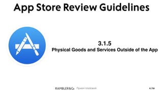 Прием платежей
App Store Review Guidelines
3.1.5
Physical Goods and Services Outside of the App
/ 564
 