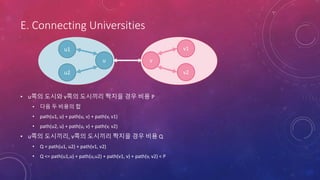 E. Connecting Universities
• u쪽의 도시와 v쪽의 도시끼리 짝지을 경우 비용 P
• 다음 두 비용의 합
• path(u1, u) + path(u, v) + path(v, v1)
• path(u2, u) + path(u, v) + path(v, v2)
• u쪽의 도시끼리, v쪽의 도시끼리 짝지을 경우 비용 Q
• Q = path(u1, u2) + path(v1, v2)
• Q <= path(u1,u) + path(u,u2) + path(v1, v) + path(v, v2) < P
vu
u1
u2
v1
v2
 