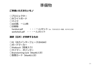 準備物
ご準備いただきたいモノ
━━━━━━━━━━━━━━━━━━━━━━━━━━━━━━━━━
○プロジェクター
○ホワイトボード
○マイク
○A4白紙 一⼈3枚
○印刷物
handout.pdf ・・・一⼈1セット（A4、できればカラー両面、ホチキスどめ）
worksheet.pdf ・・・一⼈1セット
講師（石井）が持参するもの
━━━━━━━━━━━━━━━━━━━━━━━━━━━━━━━━━
○PC（出⼒インターフェースはHDMI）
○ボードマーカー
○iPodtouch（音楽入り）
○タイマー、ポインター
○Brainstorming Card（Max40⼈分）
○智慧カード（Max40⼈分）
109
 