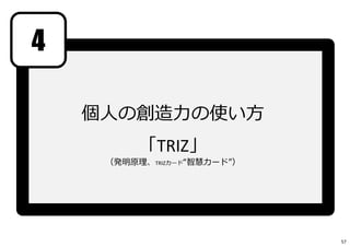 4
個⼈の創造⼒の使い⽅
「TRIZ」
（発明原理、TRIZカード“智慧カード”）
57
 