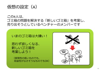 いまのゴミ箱は大嫌い︕
思わず欲しくなる、
新しいゴミ箱を
考案しよう︕
（実現性の低いものでも、
収益性がなさそうなものでもOK）
仮想の設定（A）
━━━━━━━━━━━━━━━
この4⼈は、
ゴミ箱の問題を解決する「新しいゴミ箱」を考案し、
売り出そうとしているベンチャーのメンバーです
69
 