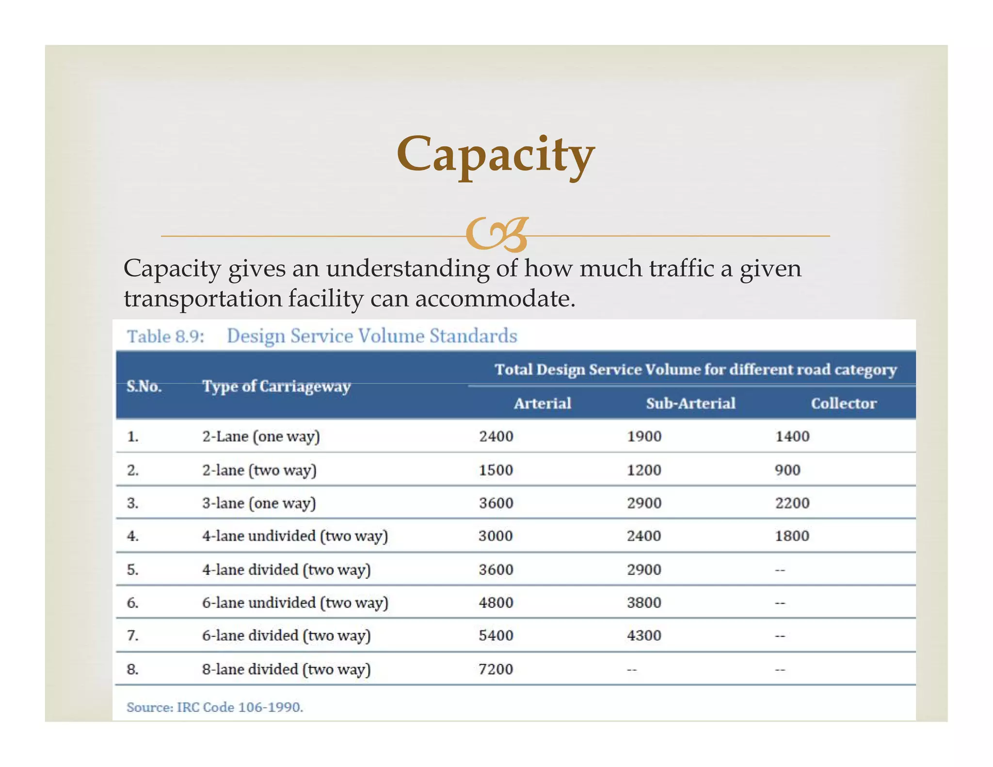 Capacity gives an understanding of how much traffic a given
transportation facility can accommodate.
Capacity
 