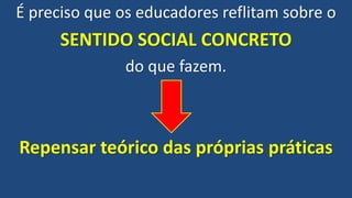É preciso que os educadores reflitam sobre o
SENTIDO SOCIAL CONCRETO
do que fazem.
Repensar teórico das próprias práticas
 