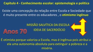 Capítulo 4 - Conhecimento escolar: epistemologia e política
Existe uma concepção da relação entre Escola e Sociedade que
é muito presente entre os educadores , o otimismo ingênuo
MISSÃO SALVÍTICA DA ESCOLA
IDEIA DE SACERDÓCIO
É otimista porque valoriza a Escola, mas é ingênua pois atribui a
ela uma autonomia absoluta para extinguir a pobreza e a
miséria.
 