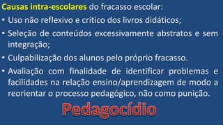 Causas intra-escolares do fracasso escolar:
• Uso não reflexivo e crítico dos livros didáticos;
• Seleção de conteúdos excessivamente abstratos e sem
integração;
• Culpabilização dos alunos pelo próprio fracasso.
• Avaliação com finalidade de identificar problemas e
facilidades na relação ensino/aprendizagem de modo a
reorientar o processo pedagógico, não como punição.
 