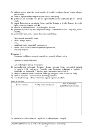 „Projekt współfinansowany ze środków Europejskiego Funduszu Społecznego”
22
3) odkroić nożem niewielką porcję drożdży i określić wzrokowo barwę świeżo odkrytej
powierzchni,
4) określić zapach drożdży na powierzchni świeżo odkrojonej,
5) pobrać do ust niewielką ilość próbki z powierzchni świeżo odkrojonej próbki i ocenić
smak,
6) ocenić konsystencję nagniatając lekko cegiełkę drożdży w środku bocznej krawędzi
i obserwując zachowanie cegiełki,
7) określić przełom odłamując kawałek cegiełki drożdży,
8) porównać wyniki oceny z wymaganiami normy i sformułować wnioski dotyczące jakości
drożdży,
9) porównać własną ocenę z oceną dokonaną przez kolegę.
Wyposażenie stanowiska pracy:
− arkusz białego papieru,
− nóż,
− cegiełka drożdży piekarskich prasowanych,
− norma PN-87/A-79002 Drożdże piekarskie prasowane,
− materiały biurowe.
Ćwiczenie 2
Rozpoznaj próbki surowców piekarskich otrzymanych od nauczyciela.
Sposób wykonania ćwiczenia
Aby wykonać ćwiczenie, powinieneś:
1) przeanalizować informacje dotyczące danego surowca (grupy surowców) zawarte
w punkcie 4.2.1. niniejszego Poradnika oraz literaturze wskazanej w punkcie 6
Poradnika, np. Ambroziak Z.: Produkcja piekarsko-ciastkarska, część 1,
2) obejrzeć dokładnie próbki surowców, zwracając uwagę na charakterystyczne cechy,
3) określić znaczenie i zastosowanie w produkcji pieczywa,
4) wyniki obserwacji i zebrane informacje zapisać w poniższej tabeli:
Tabela do ćwiczenia 2.
Nazwa surowca Cechy charakterystyczne
Rola w produkcji
piekarskiej/zastosowanie
5) porównać wyniki obserwacji z wynikami uzyskanymi przez kolegów.
 