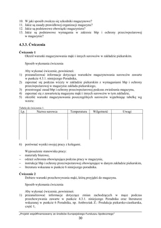 „Projekt współfinansowany ze środków Europejskiego Funduszu Społecznego”
30
10. W jaki sposób zwalcza się szkodniki magazynowe?
11. Jakie są zasady prawidłowej organizacji magazynu?
12. Jakie są podstawowe obowiązki magazyniera?
13. Jakie są podstawowe wymagania w zakresie bhp i ochrony przeciwpożarowej
w magazynie?
4.3.3. Ćwiczenia
Ćwiczenie 1
Określ warunki magazynowania mąki i innych surowców w zakładzie piekarskim.
Sposób wykonania ćwiczenia
Aby wykonać ćwiczenie, powinieneś:
1) przeanalizować informacje dotyczące warunków magazynowania surowców zawarte
w punkcie 4.3.1. niniejszego Poradnika,
2) zapoznać się podczas wizyty w zakładzie piekarskim z wymaganiami bhp i ochrony
przeciwpożarowej w magazynie zakładu piekarskiego,
3) przestrzegać zasad bhp i ochrony przeciwpożarowej podczas zwiedzania magazynu,
4) zapoznać się z zawartością magazynu mąki i innych surowców w tym zakładzie,
5) określić warunki magazynowania poszczególnych surowców wypełniając tabelkę wg
wzoru:
Tabela do ćwiczenia 1.
Lp. Nazwa surowca Temperatura Wilgotność Uwagi
6) porównać wyniki swojej pracy z kolegami.
Wyposażenie stanowiska pracy:
− materiały biurowe,
− odzież ochronna obowiązująca podczas pracy w magazynie,
− instrukcje bhp i ochrony przeciwpożarowej obowiązujące w danym zakładzie piekarskim,
− literatura wskazana w punkcie 6 niniejszego poradnika.
Ćwiczenie 2
Dobierz warunki przechowywania mąki, którą przyjąłeś do magazynu.
Sposób wykonania ćwiczenia
Aby wykonać ćwiczenie, powinieneś:
1) przeanalizować informacje dotyczące zmian zachodzących w mące podczas
przechowywania zawarte w punkcie 4.3.1. niniejszego Poradnika oraz literaturze
wskazanej w punkcie 6 Poradnika, np. Ambroziak Z.: Produkcja piekarsko-ciastkarska,
część 1,
 