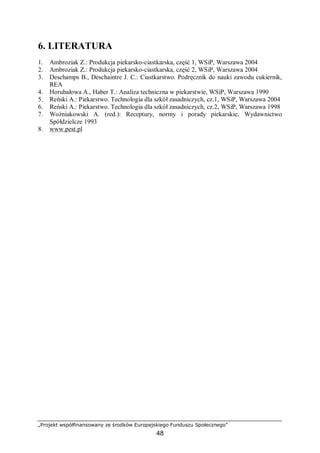 „Projekt współfinansowany ze środków Europejskiego Funduszu Społecznego”
48
6. LITERATURA
1. Ambroziak Z.: Produkcja piekarsko-ciastkarska, część 1, WSiP, Warszawa 2004
2. Ambroziak Z.: Produkcja piekarsko-ciastkarska, część 2, WSiP, Warszawa 2004
3. Deschamps B., Deschaintre J. C.: Ciastkarstwo. Podręcznik do nauki zawodu cukiernik,
REA
4. Horubałowa A., Haber T.: Analiza techniczna w piekarstwie, WSiP, Warszawa 1990
5. Reński A.: Piekarstwo. Technologia dla szkół zasadniczych, cz.1, WSiP, Warszawa 2004
6. Reński A.: Piekarstwo. Technologia dla szkół zasadniczych, cz.2, WSiP, Warszawa 1998
7. Woźniakowski A. (red.): Receptury, normy i porady piekarskie, Wydawnictwo
Spółdzielcze 1993
8. www.pest.pl
 