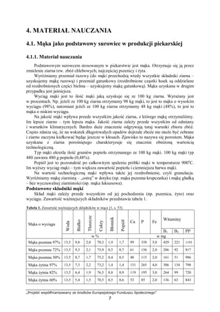 „Projekt współfinansowany ze środków Europejskiego Funduszu Społecznego”
7
4. MATERIAŁ NAUCZANIA
4.1. Mąka jako podstawowy surowiec w produkcji piekarskiej
4.1.1. Materiał nauczania
Podstawowym surowcem stosowanym w piekarstwie jest mąka. Otrzymuje się ją przez
zmielenie ziarna tzw. zbóż chlebowych; najczęściej pszenicy i żyta.
Wyróżniamy przemiał razowy (do mąki przechodzą wtedy wszystkie składniki ziarna –
uzyskujemy mąkę razową) i przemiał gatunkowy (rozdrobnione cząstki łusek są oddzielane
od rozdrobnionych części bielma – uzyskujemy mąkę gatunkową). Mąka uzyskana w drugim
przypadku jest jaśniejsza.
Wyciąg mąki jest to ilość mąki jaką uzyskuje się ze 100 kg ziarna. Wyrażany jest
w procentach. Np. jeżeli ze 100 kg ziarna otrzymamy 98 kg mąki, to jest to mąka o wysokim
wyciągu (98%), natomiast jeżeli ze 100 kg ziarna otrzymamy 48 kg mąki (48%), to jest to
mąka o niskim wyciągu.
Na jakość mąki wpływa przede wszystkim jakość ziarna, z którego mąkę otrzymaliśmy.
Im lepsze ziarno – tym lepsza mąka. Jakość ziarna zależy przede wszystkim od odmiany
i warunków klimatycznych. Bardzo duże znaczenie odgrywają tutaj warunki zbioru zbóż.
Często zdarza się, że na wskutek długotrwałych opadów dojrzałe zboże nie może być zebrane
i ziarno zaczyna kiełkować będąc jeszcze w kłosach. Zjawisko to nazywa się porostem. Mąka
uzyskana z ziarna porośniętego charakteryzuje się znacznie obniżoną wartością
technologiczną.
Typ mąki określa ilość gramów popiołu otrzymanego ze 100 kg mąki. 100 kg mąki typ
480 zawiera 480 g popiołu (0,48%).
Popiół jest to pozostałość po całkowitym spaleniu próbki mąki w temperaturze 900o
C.
Im wyższy wyciąg mąki – tym większa zawartość popiołu i ciemniejsza barwa mąki.
Na wartość technologiczną mąki wpływa także jej rozdrobnienie, czyli granulacja.
Wyróżniamy mąkę ziarnistą – „ostrą” w dotyku (np. mąka pszenna krupczatka) i mąkę gładką
– bez wyczuwalnej ziarnistości (np. mąka luksusowa).
Podstawowe składniki mąki
Skład mąki zależy przede wszystkim od jej pochodzenia (np. pszenica, żyto) oraz
wyciągu. Zawartość ważniejszych składników przedstawia tabela 1.
Tabela 1. Zawartość ważniejszych składników w mące [1, s. 53]
Witaminy
Woda
Białko
Tłuszcze
Cukry
Błonnik
Popiół
Ca P Fe
B1 B2 PP
Mąka o wyciągu
w % w mg
Mąka pszenna 97% 13,5 9,8 2,8 70,3 1,9 1,7 99 358 5,0 429 221 1193
Mąka pszenna 72% 13,5 9,3 2,1 73,9 0,5 0,7 61 156 2,0 206 92 817
Mąka pszenna 50% 13,5 8,7 1,7 75,2 0,4 0,5 40 115 2,0 161 51 986
Mąka żytnia 97% 13,5 7,3 2,2 73,2 1,4 1,4 131 265 4,0 306 134 798
Mąka żytnia 82% 13,5 6,4 1,9 76,5 0,8 0,9 119 195 3,0 264 99 720
Mąka żytnia 60% 13,5 5,4 1,5 78,5 0,5 0,6 53 85 2,0 136 63 843
 