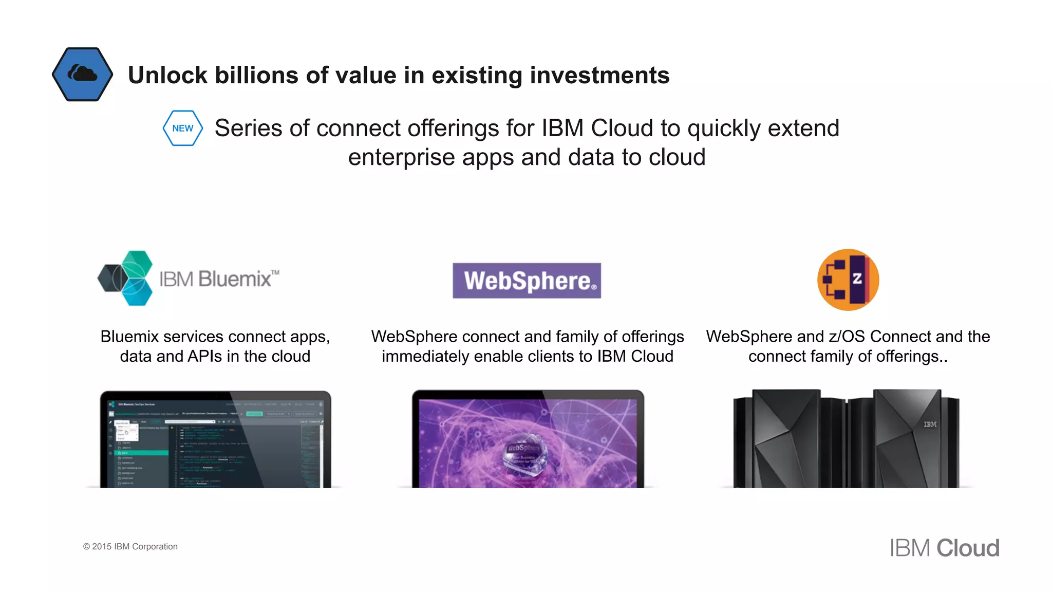 25 © 2016 IBM Corporation
Hybrid
Integration
DevOps
Productivity
Choice with
Consistency
Powerful, Accessible
Data & Analytics
Cognitive
Solutions
© 2015 IBM Corporation
to unlock existing
data and applications
to develop, experiment
and iterate at speed
to put the right workload
in the right place
to build understanding and learning
into decisions and interactions
to extract deeper insight
 