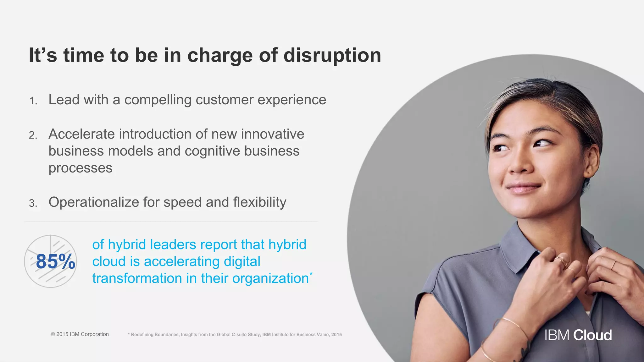 Cost
Innovation
Business
Value
IaaS-centric
Virtual compute
Low cost storage
Traditional app
hosting
PaaS-centric
DevOps tooling
Web/Mobile apps
Basic analytics
Hybrid integration
High value solutions
Cognitive apps
Advanced analytics
Internet of Things
Value
Cost Effectiveness Essential Integration
1
2
3
The role of the cloud is maturing into the environment
for innovation and business value
 
