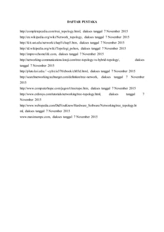 DAFTAR PUSTAKA
http://completepcedia.com/tree_topology.html, diakses tanggal 7 November 2015
http://en.wikipedia.org/wiki/Network_topology, diakses tanggal 7 November 2015
http://fcit.ust.edu/network/chap5/chap5.htm, diakses tanggal 7 November 2015
http://id.wikipedia.org/wiki/Topologi_pohon, diakses tanggal 7 November 2015
http://improvehomelife.com, diakses tanggal 7 November 2015
http://networking-communications.knoji.com/tree-topology-vs-hybrid-topology/, diakses
tanggal 7 November 2015
http://pluto.ksi.edu./`~cyh/cis370/ebook/ch03d.html, diakses tanggal 7 November 2015
http://searchnetworking.techtarget.com/definition/tree-network, diakses tanggal 7 November
2015
http://www.computerhope.com/jagon/t/treetopo.htm, diakses tanggal 7 November 2015
http://www.exforsys.com/tutorials/networking/tree-topology.html, diakses tanggal 7
November 2015
http://www.webopedia.com/DidYouKnow/Hardware_Software/Networking/tree_topology.ht
ml, diakses tanggal 7 November 2015
www.maximumpc.com, diakses tanggal 7 November 2015
 