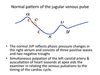 Normal pattern of the jugular venous pulse
• The normal JVP reflects phasic pressure changes in
the right atrium and consists of three positive waves
and two negative troughs
• Simultaneous palpation of the left carotid artery &
auscultation of heart soounds at apex aids the
examiner in relating the venous pulsations to the
timing of the cardiac cycle.
 