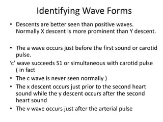 • Descents are better seen than positive waves.
Normally X descent is more prominent than Y descent.
• The a wave occurs just before the first sound or carotid
pulse.
‘c’ wave succeeds S1 or simultaneous with carotid pulse
( in fact
• The c wave is never seen normally )
• The x descent occurs just prior to the second heart
sound while the y descent occurs after the second
heart sound
• The v wave occurs just after the arterial pulse
Identifying Wave Forms
 
