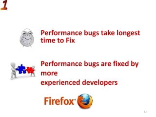 Performance bugs are fixed by
more
experienced developers
Performance bugs take longest
time to Fix
12
 