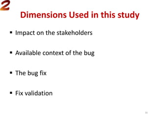 Dimensions Used in this study
 Impact on the stakeholders
 Available context of the bug
 The bug fix
 Fix validation
16
 