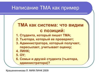 Крашенинникова Л. МИМ ЛИНК 2009
Написание ТМА как пример
ТМА как система: что видим
с позиций:
1. Студента, который пишет ТМА;
2. Тьютора, который ее проверяет;
3. Администратора, который получает,
пересылает, учитывает оценку;
4. ЛИНК;
5. ОУ;
6. Семьи и друзей студента (тьютора,
администратора)?
ТМА как система: что видим
с позиций:
1. Студента, который пишет ТМА;
2. Тьютора, который ее проверяет;
3. Администратора, который получает,
пересылает, учитывает оценку;
4. ЛИНК;
5. ОУ;
6. Семьи и друзей студента (тьютора,
администратора)?
 