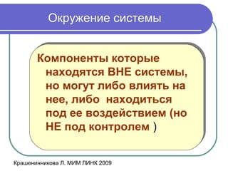Крашенинникова Л. МИМ ЛИНК 2009
Окружение системы
Компоненты которые
находятся ВНЕ системы,
но могут либо влиять на
нее, либо находиться
под ее воздействием (но
НЕ под контролем )
Компоненты которые
находятся ВНЕ системы,
но могут либо влиять на
нее, либо находиться
под ее воздействием (но
НЕ под контролем )
 