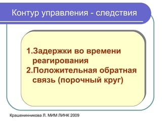 Крашенинникова Л. МИМ ЛИНК 2009
Контур управления - следствия
1.Задержки во времени
реагирования
2.Положительная обратная
связь (порочный круг)
1.Задержки во времени
реагирования
2.Положительная обратная
связь (порочный круг)
 