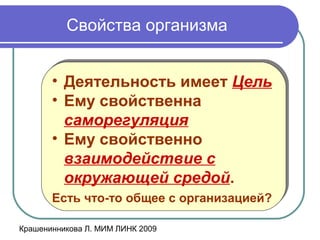 Крашенинникова Л. МИМ ЛИНК 2009
Свойства организма
• Деятельность имеет Цель
• Ему свойственна
саморегуляция
• Ему свойственно
взаимодействие с
окружающей средой.
Есть что-то общее с организацией?
• Деятельность имеет Цель
• Ему свойственна
саморегуляция
• Ему свойственно
взаимодействие с
окружающей средой.
Есть что-то общее с организацией?
 