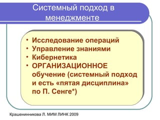 Крашенинникова Л. МИМ ЛИНК 2009
Системный подход в
менеджменте
• Исследование операций
• Управление знаниями
• Кибернетика
• ОРГАНИЗАЦИОННОЕ
обучение (системный подход
и есть «пятая дисциплина»
по П. Сенге*)
• Исследование операций
• Управление знаниями
• Кибернетика
• ОРГАНИЗАЦИОННОЕ
обучение (системный подход
и есть «пятая дисциплина»
по П. Сенге*)
 