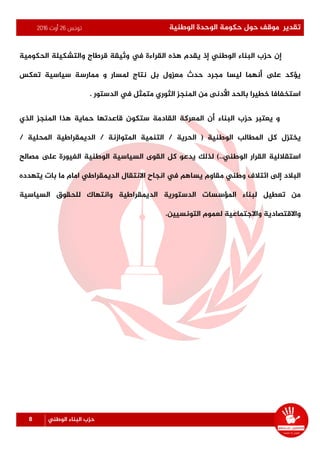 ‫تونس‬26‫أوت‬2016 ‫الوطنية‬ ‫الوحدة‬ ‫حكومة‬ ‫حول‬ ‫موقف‬ ‫تقدير‬
8 ‫الوطني‬ ‫البناء‬ ‫حزب‬
‫والتشكيلة‬ ‫قرطاج‬ ‫وثيقة‬ ‫يف‬ ‫القراءة‬ ‫هذه‬ ‫يقدم‬ ‫إذ‬ ‫الوطني‬ ‫البناء‬ ‫حزب‬ ‫إن‬‫الحكومية‬
‫تعكس‬ ‫سياسية‬ ‫ممارسة‬ ‫و‬ ‫ملسار‬ ‫نتاج‬ ‫بل‬ ‫معزول‬ ‫حدث‬ ‫مجرد‬ ‫ليسا‬ ‫أنهما‬ ‫ىلع‬ ‫يؤكد‬
. ‫الدستور‬ ‫يف‬ ‫متمثل‬ ‫الثوري‬ ‫املنجز‬ ‫من‬ ‫األدنى‬ ‫بالحد‬ ‫خطيرا‬ ‫استخفافا‬
‫يعتبر‬ ‫و‬‫البناء‬ ‫حزب‬‫الذي‬ ‫املنجز‬ ‫هذا‬ ‫حماية‬ ‫قاعدتها‬ ‫ستكون‬ ‫القادمة‬ ‫املعركة‬ ‫أن‬
‫كل‬ ‫يختزل‬‫امل‬ ‫التنمية‬ / ‫الحرية‬ ( ‫الوطنية‬ ‫املطالب‬/ ‫املحلية‬ ‫الديمقراطية‬ / ‫توازنة‬
‫استقاللية‬‫مصالح‬ ‫ىلع‬ ‫الغيورة‬ ‫الوطنية‬ ‫السياسية‬ ‫القوى‬ ‫كل‬ ‫يدعو‬ ‫لذلك‬ )..‫الوطني‬ ‫القرار‬
‫البالد‬‫يتهدده‬ ‫بات‬ ‫ما‬ ‫امام‬ ‫الديمقراطي‬ ‫االنتقال‬ ‫انجاح‬ ‫يف‬ ‫يساهم‬ ‫مقاوم‬ ‫وطني‬ ‫ائتالف‬ ‫إلى‬
‫تعطيل‬ ‫من‬‫للح‬ ‫وانتهاك‬ ‫الديمقراطية‬ ‫الدستورية‬ ‫املؤسسات‬ ‫لبناء‬‫قوق‬‫السياسية‬
‫واالقتصادية‬‫التونسيين‬ ‫لعموم‬ ‫واالجتماعية‬.
 