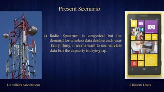  Radio Spectrum is congested but the
demand for wireless data double each year
.Every thing, it seems want to use wireless
data but the capacity is drying up.
Present Scenario
1.4 million Base Stations 5 Billions Users
 