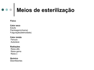 Meios de esterilização
Físico
Calor seco
Estufa
Flambagem(chama)
Fulguração(eletricidade)
Calor úmido
Fervura
Autoclave
Radiações
Raios alfa
Raios gama
Raios x
Químico
Desinfetantes
 