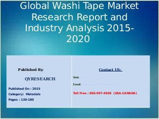 Global Washi Tape Market
Research Report and
Industry Analysis 2015-
2020
Published By:
QYRESEARCH
Published On : 2015
Category: Materials
Pages : 130-180
Contact US:
Web: www.qyresearchreports.com
Email: sales@qyresearchreports.com
Toll Free : 866-997-4948 (USA-CANADA)
 