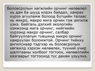 Боловсролын хөгжлийн орчинг нөлөөлөл
нь дам ба шууд илрэх байдал, хамрах
хүрээ агууламж болоод бүтцийн талаас
нь микро, макро мига орчин гэж ангилж
үзнэ. Байгаль дэлхий экологийн
хэмжээнд мига орчинг, нийгмийн
хүрээнд макро орчинг, салбар
байгууллагын түвшинд микро орчинг
хамруулах боломжтой. Орчинг тийнхү
ангилснаар тэдгээр нь боловсролын
хөгжилд хэрхэн нөлөөлөх, түүний учир
шалтгааны холбоог тогтоох, нөлөөллийн
хязгаарыг тогтооход тус дөхөм үзүүлнэ.
 