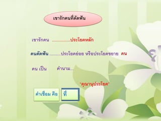 เขารักคนที่ดัดฟัน
เขารักคน ................ประโยคหลัก
คนดัดฟัน ..........ประโยคย่อย หรือประโยคขยาย
คาเชื่อม คือ
คน เป็น
“คุณานุประโยค”
คานาม...
คน
ที่
 