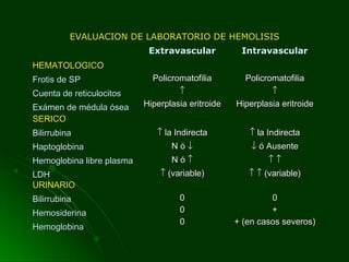 EVALUACION DE LABORATORIO DE HEMOLISISEVALUACION DE LABORATORIO DE HEMOLISIS
ExtravascularExtravascular IntravascularIntravascular
HEMATOLOGICOHEMATOLOGICO
Frotis de SPFrotis de SP
Cuenta de reticulocitosCuenta de reticulocitos
Exámen de médula óseaExámen de médula ósea
PolicromatofiliaPolicromatofilia
↑↑
Hiperplasia eritroideHiperplasia eritroide
PolicromatofiliaPolicromatofilia
↑↑
Hiperplasia eritroideHiperplasia eritroide
SERICOSERICO
BilirrubinaBilirrubina
HaptoglobinaHaptoglobina
Hemoglobina libre plasmaHemoglobina libre plasma
LDHLDH
↑↑ la Indirectala Indirecta
N óN ó ↓↓
N óN ó ↑↑
↑↑ (variable)(variable)
↑↑ la Indirectala Indirecta
↓↓ ó Ausenteó Ausente
↑↑ ↑↑
↑↑ ↑↑ (variable)(variable)
URINARIOURINARIO
BilirrubinaBilirrubina
HemosiderinaHemosiderina
HemoglobinaHemoglobina
00
00
00
00
++
+ (en casos severos)+ (en casos severos)
 