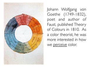 Johann Wolfgang von
Goethe (1749-1832),
poet and author of
Faust, published Theory
of Colours in 1810. As
a color theorist, he was
more interested in how
we perceive color.
 