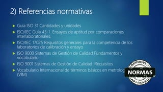 2) Referencias normativas
 Guía ISO 31 Cantidades y unidades
 ISO/IEC Guía 43-1 Ensayos de aptitud por comparaciones
interlaboratoriales.
 ISO/IEC 17025 Requisitos generales para la competencia de los
laboratorios de calibración y ensayo
 ISO 9000 Sistemas de Gestión de Calidad Fundamentos y
vocabulario
 ISO 9001 Sistemas de Gestión de Calidad. Requisitos
 Vocabulario Internacional de términos básicos en metrología
(VIM)
 