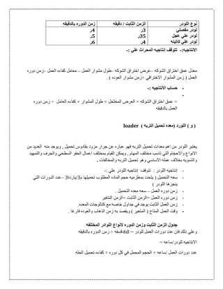 :‫االنتاجيه‬-‫ال‬ ‫إنتاجيه‬ ‫تتوقف‬‫م‬: ‫علي‬ ‫حراث‬-
‫الشوكه‬ ‫اختراق‬ ‫عمق‬ ‫معدل‬–‫الشوكه‬ ‫اختراق‬ ‫عرض‬–‫العمل‬ ‫مشوار‬ ‫طول‬–‫العمل‬ ‫كفاءه‬ ‫معامل‬–‫زمن‬‫دوره‬
. ) ‫العوده‬ ‫مشوار‬ ‫+زمن‬ ‫االختراقي‬ ‫المشوار‬ ‫زمن‬ ( ‫العمل‬
-: ‫االنتاجيه‬ ‫حساب‬-
-
‫الشوكه‬ ‫اختراق‬ ‫عمق‬ =×‫المخلخل‬ ‫العرض‬×‫المشو‬ ‫طول‬‫ار‬×‫العامل‬ ‫كفاءه‬÷‫دوره‬ ‫زمن‬
‫بالدقيقه‬ ‫العمل‬
) ‫التربه‬ ‫تحميل‬ ‫(معده‬ ‫اللورد‬ ) ‫و‬ (loader
‫ا‬ ‫يعتبر‬‫ل‬‫تحميل‬ ‫معدات‬ ‫اهم‬ ‫من‬ ‫لودر‬‫من‬ ‫العديد‬ ‫منه‬ ‫ويوجد‬ , ‫تحميل‬ ‫بقادوس‬ ‫مزود‬ ‫جرار‬ ‫عن‬ ‫عباره‬ ‫فهو‬ ‫التربه‬
‫اعم‬ ‫بمختلف‬ ‫القيام‬ ‫ويمكن‬ , ‫المهام‬ ‫مختلف‬ ‫تاسب‬ ‫التي‬ ‫واالحجام‬ ‫االنواع‬‫والتمهيد‬ ‫والجرف‬ ‫السطحي‬ ‫الحفر‬ ‫ال‬
‫والمخالفات‬ ‫التربه‬ ‫تحميل‬ ‫وهو‬ ‫االساسي‬ ‫عمله‬ ‫بخالف‬ ‫والتسويه‬.
-: ‫علي‬ ‫اللودر‬ ‫إنتاجيه‬ ‫تتوقف‬ : ‫اللودر‬ ‫إنتاجيه‬-
-‫م‬ ‫تحميلها‬ ‫المطلوب‬ ‫الماده‬ ‫حجم‬ ‫بمعلزميه‬ ‫يتحدد‬ ( ‫التحميل‬ ‫سعه‬0‫/ياردة‬0–‫التي‬ ‫الدورات‬ ‫عدد‬
) ‫اللودر‬ ‫ينجزها‬
-‫العمل‬ ‫دوره‬ ‫زمن‬–‫سع‬. ‫التحميل‬ ‫معده‬ ‫ه‬
-‫النتغير‬ ‫+الزمن‬ ‫الثابت‬ ‫=الزمن‬ ‫العمل‬ ‫دوره‬ ‫زمن‬
-.‫المعده‬ ‫كتالوجات‬ ‫مع‬ ‫خاصه‬ ‫جداول‬ ‫في‬ ‫يوجد‬ ‫الثابت‬ ‫العمل‬ ‫زمن‬
-. ‫فارغا‬ ‫والعوده‬ ‫الذهاب‬ ‫زمن‬ ‫به‬ ‫ويقصد‬ ) ‫المتغير‬ ( ‫المتاح‬ ‫العمل‬ ‫وقت‬
‫ا‬ ‫جدول‬‫ل‬‫المختلفه‬ ‫اللوادر‬ ‫النواع‬ ‫الدوره‬ ‫وزمن‬ ‫الثابت‬ ‫زمن‬
‫وعلي‬= ‫للودر‬ ‫العمل‬ ‫دورات‬ ‫عدد‬ ‫فان‬ ‫ذلك‬06‫دقسقه‬÷‫بالدقيقه‬ ‫الدوره‬ ‫زمن‬
= ‫للودر/ساعه‬ ‫االنتاجيه‬
‫/ساعه‬ ‫العمل‬ ‫دورات‬ ‫عدد‬×‫دوره‬ ‫كل‬ ‫في‬ ‫المحمل‬ ‫الحجم‬×‫الحله‬ ‫تحميل‬ ‫كفاءه‬
‫اللودر‬ ‫نوع‬‫الزمن‬‫دقيقه‬ / ‫الثابت‬‫بالدقيقه‬ ‫الدوره‬ ‫زمن‬
‫مفصلي‬ ‫لودر‬
‫عجل‬ ‫علي‬ ‫لودر‬
‫كاتينه‬ ‫علي‬ ‫لودر‬
3‫ر‬
31‫ر‬
4‫ر‬
4‫ر‬
1‫ر‬
6‫ر‬
 
