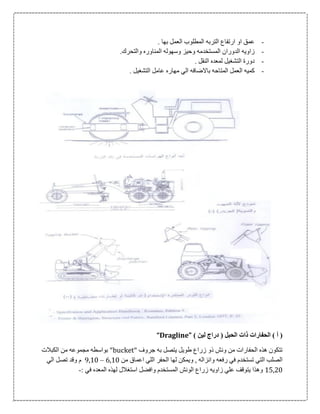 -. ‫بها‬ ‫العمل‬ ‫المطلوب‬ ‫التربه‬ ‫ارتفاع‬ ‫او‬ ‫عمق‬
-‫المنا‬ ‫وسهوله‬ ‫وحيز‬ ‫المستخدمه‬ ‫الدوران‬ ‫زاويه‬.‫والتحرك‬ ‫وره‬
-. ‫النقل‬ ‫لمعده‬ ‫التشغيل‬ ‫دورة‬
-. ‫التشغيل‬ ‫عامل‬ ‫مهاره‬ ‫الي‬ ‫باالضافه‬ ‫المتاحه‬ ‫العمل‬ ‫كميه‬
) ‫أ‬ () ‫لين‬ ‫دراج‬ ( ‫الحبل‬ ‫ذات‬ ‫الحفارات‬“Dragline”
" ‫جروف‬ ‫به‬ ‫يتصل‬ ‫طويل‬ ‫زراع‬ ‫ذو‬ ‫ونش‬ ‫من‬ ‫الحفارات‬ ‫هذه‬ ‫تتكون‬bucket‫الكبالت‬ ‫من‬ ‫مجموعه‬ ‫بواسطه‬ "
‫رفعه‬ ‫في‬ ‫تستخدم‬ ‫التي‬ ‫الصلب‬‫من‬ ‫اعماق‬ ‫اللي‬ ‫الحفر‬ ‫لها‬ ‫ويمكن‬ , ‫وانزاله‬6,10–9,10‫الي‬ ‫تصل‬ ‫وقد‬ ‫م‬
15,20: ‫في‬ ‫المعده‬ ‫لهذه‬ ‫استغالل‬ ‫وافضل‬ ‫المستخدم‬ ‫الونش‬ ‫زراع‬ ‫زاويه‬ ‫علي‬ ‫يتوقف‬ ‫وهذا‬-
 