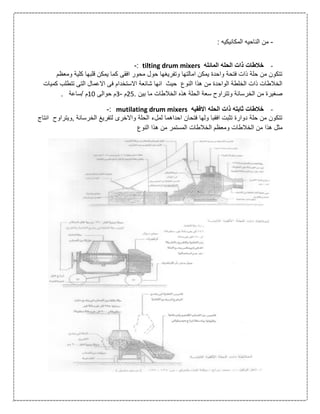 -: ‫المكانيكيه‬ ‫الناحيه‬ ‫من‬
-‫المائله‬ ‫الحله‬ ‫ذات‬ ‫خالطات‬tilting drum mixers:-
‫ومع‬ ‫كلية‬ ‫قلبها‬ ‫يمكن‬ ‫كما‬ ‫افقى‬ ‫محور‬ ‫حول‬ ‫وتفريغها‬ ‫امالتها‬ ‫يمكن‬ ‫واحدة‬ ‫فتحة‬ ‫ذات‬ ‫حلة‬ ‫من‬ ‫تتكون‬‫ظم‬
‫االعم‬ ‫فى‬ ‫االستخدام‬ ‫شائعة‬ ‫انها‬ ‫حيث‬ ‫النوع‬ ‫هذا‬ ‫من‬ ‫الواحدة‬ ‫الخلطة‬ ‫ذات‬ ‫الخالطات‬‫ك‬ ‫تتطلب‬ ‫التى‬ ‫ال‬‫ميات‬
. ‫بين‬ ‫ما‬ ‫الخالطات‬ ‫هذه‬ ‫الحلة‬ ‫سعة‬ ‫وتتراوح‬ ‫الخرسانة‬ ‫من‬ ‫صغيرة‬20‫م‬-3‫حوالى‬ ‫م‬01. ‫/ساعة‬ ‫م‬
-‫االفقيه‬ ‫الحله‬ ‫ذات‬ ‫ثابته‬ ‫خالطات‬mutilating drum mixers:-
‫,ويتراو‬ ‫الخرسانة‬ ‫لتفريغ‬ ‫واالخرى‬ ‫الحلة‬ ‫لملء‬ ‫احداهما‬ ‫فتحان‬ ‫ولها‬ ‫افقبا‬ ‫تثبت‬ ‫دوارة‬ ‫حلة‬ ‫من‬ ‫تتكون‬‫انتاج‬ ‫ح‬
‫ومع‬ ‫الخالطات‬ ‫من‬ ‫هذا‬ ‫مثل‬‫النوع‬ ‫هذا‬ ‫من‬ ‫المستمر‬ ‫الخالطات‬ ‫ظم‬
 