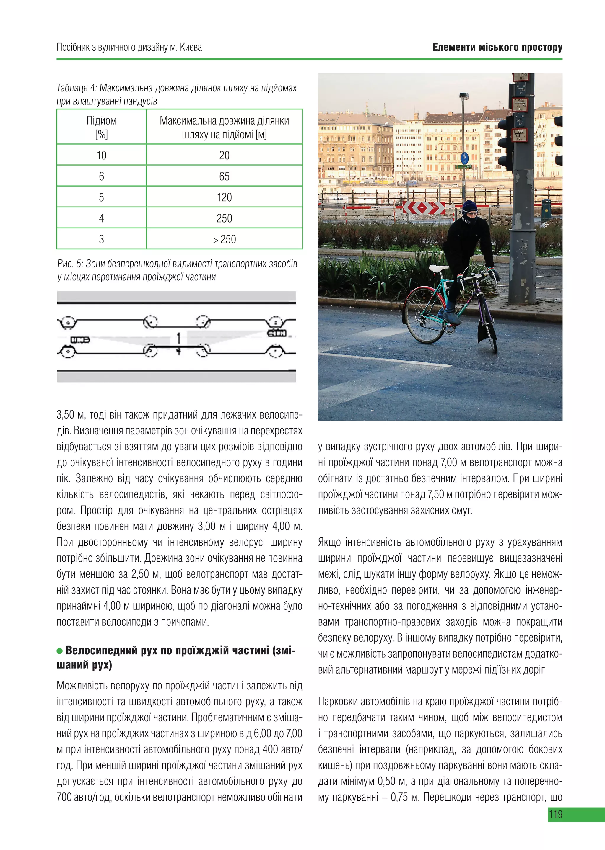 Посібник з вуличного дизайну м. Києва Елементи міського простору
119
Таблиця 4: Максимальна довжина ділянок шляху на підйомах
при влаштуванні пандусів
Підйом
[%]
Максимальна довжина ділянки
шляху на підйомі [м]
10 20
6 65
5 120
4 250
3 > 250
3,50 м, тоді він також придатний для лежачих велосипе-
дів. Визначення параметрів зон очікування на перехрестях
відбувається зі взяттям до уваги цих розмірів відповідно
до очікуваної інтенсивності велосипедного руху в години
пік. Залежно від часу очікування обчислюють середню
кількість велосипедистів, які чекають перед світлофо-
ром. Простір для очікування на центральних острівцях
безпеки повинен мати довжину 3,00 м і ширину 4,00 м.
При двосторонньому чи інтенсивному велорусі ширину
потрібно збільшити. Довжина зони очікування не повинна
бути меншою за 2,50 м, щоб велотранспорт мав достат-
ній захист під час стоянки. Вона має бути у цьому випадку
принаймні 4,00 м шириною, щоб по діагоналі можна було
поставити велосипеди з причепами.
Велосипедний рух по проїжджій частині (змі-
шаний рух)
Можливість велоруху по проїжджій частині залежить від
інтенсивності та швидкості автомобільного руху, а також
від ширини проїжджої частини. Проблематичним є зміша-
ний рух на проїжджих частинах з шириною від 6,00 до 7,00
м при інтенсивності автомобільного руху понад 400 авто/
год. При меншій ширині проїжджої частини змішаний рух
допускається при інтенсивності автомобільного руху до
700 авто/год, оскільки велотранспорт неможливо обігнати
у випадку зустрічного руху двох автомобілів. При шири-
ні проїжджої частини понад 7,00 м велотранспорт можна
обігнати із достатньо безпечним інтервалом. При ширині
проїжджої частини понад 7,50 м потрібно перевірити мож-
ливість застосування захисних смуг.
Якщо інтенсивність автомобільного руху з урахуванням
ширини проїжджої частини перевищує вищезазначені
межі, слід шукати іншу форму велоруху. Якщо це немож-
ливо, необхідно перевірити, чи за допомогою інженер-
но-технічних або за погодження з відповідними устано-
вами транспортно-правових заходів можна покращити
безпеку велоруху. В іншому випадку потрібно перевірити,
чи є можливість запропонувати велосипедистам додатко-
вий альтернативний маршрут у мережі під’їзних доріг
Парковки автомобілів на краю проїжджої частини потріб-
но передбачати таким чином, щоб між велосипедистом
і транспортними засобами, що паркуються, залишались
безпечні інтервали (наприклад, за допомогою бокових
кишень) при поздовжньому паркуванні вони мають скла-
дати мінімум 0,50 м, а при діагональному та поперечно-
му паркуванні – 0,75 м. Перешкоди через транспорт, що
Рис. 5: Зони безперешкодної видимості транспортних засобів
у місцях перетинання проїжджої частини
 