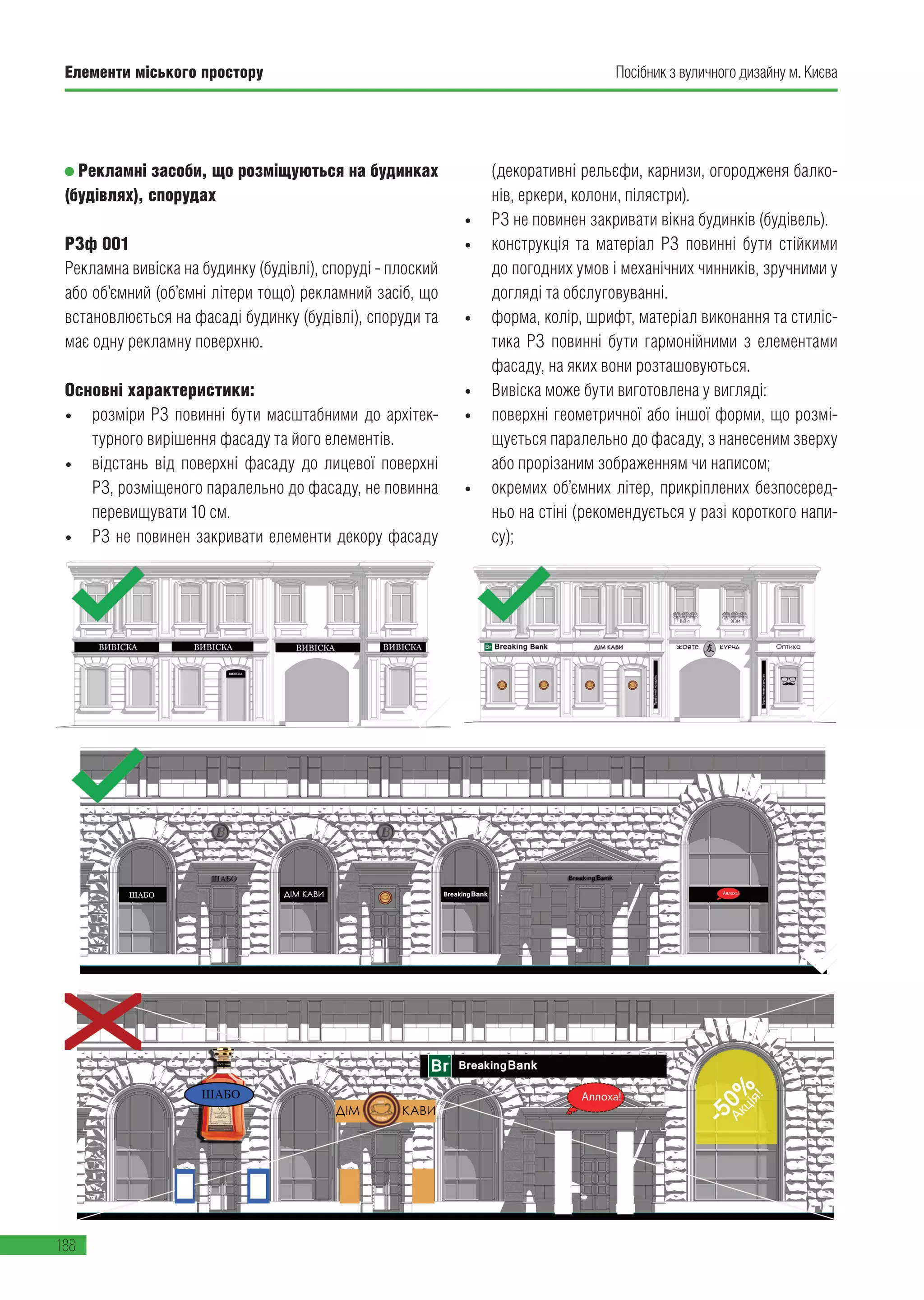 Елементи міського простору
188
Посібник з вуличного дизайну м. Києва
Рекламні засоби, що розміщуються на будинках
(будівлях), спорудах
РЗф 001
Рекламна вивіска на будинку (будівлі), споруді - плоский
або об’ємний (об’ємні літери тощо) рекламний засіб, що
встановлюється на фасаді будинку (будівлі), споруди та
має одну рекламну поверхню.
Основні характеристики:
• розміри РЗ повинні бути масштабними до архітек-
турного вирішення фасаду та його елементів.
• відстань від поверхні фасаду до лицевої поверхні
РЗ, розміщеного паралельно до фасаду, не повинна
перевищувати 10 см.
• РЗ не повинен закривати елементи декору фасаду
(декоративні рельєфи, карнизи, огородженя балко-
нів, еркери, колони, пілястри).
• РЗ не повинен закривати вікна будинків (будівель).
• конструкція та матеріал РЗ повинні бути стійкими
до погодних умов і механічних чинників, зручними у
догляді та обслуговуванні.
• форма, колір, шрифт, матеріал виконання та стиліс-
тика РЗ повинні бути гармонійними з елементами
фасаду, на яких вони розташовуються.
• Вивіска може бути виготовлена у вигляді:
• поверхні геометричної або іншої форми, що розмі-
щується паралельно до фасаду, з нанесеним зверху
або прорізаним зображенням чи написом;
• окремих об’ємних літер, прикріплених безпосеред-
ньо на стіні (рекомендується у разі короткого напи-
су);
 