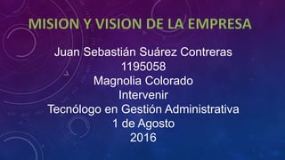 Juan Sebastián Suárez Contreras
1195058
Magnolia Colorado
Intervenir
Tecnólogo en Gestión Administrativa
1 de Agosto
2016
 