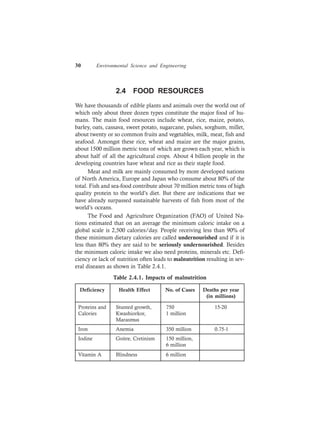 30 Environmental Science and Engineering
2.4 FOOD RESOURCES
We have thousands of edible plants and animals over the world out of
which only about three dozen types constitute the major food of hu-
mans. The main food resources include wheat, rice, maize, potato,
barley, oats, cassava, sweet potato, sugarcane, pulses, sorghum, millet,
about twenty or so common fruits and vegetables, milk, meat, fish and
seafood. Amongst these rice, wheat and maize are the major grains,
about 1500 million metric tons of which are grown each year, which is
about half of all the agricultural crops. About 4 billion people in the
developing countries have wheat and rice as their staple food.
Meat and milk are mainly consumed by more developed nations
of North America, Europe and Japan who consume about 80% of the
total. Fish and sea-food contribute about 70 million metric tons of high
quality protein to the world’s diet. But there are indications that we
have already surpassed sustainable harvests of fish from most of the
world’s oceans.
The Food and Agriculture Organization (FAO) of United Na-
tions estimated that on an average the minimum caloric intake on a
global scale is 2,500 calories/day. People receiving less than 90% of
these minimum dietary calories are called undernourished and if it is
less than 80% they are said to be seriously undernourished. Besides
the minimum caloric intake we also need proteins, minerals etc. Defi-
ciency or lack of nutrition often leads to malnutrition resulting in sev-
eral diseases as shown in Table 2.4.1.
Table 2.4.1. Impacts of malnutrition
Deficiency Health Effect No. of Cases Deaths per year
(in millions)
Proteins and Stunted growth, 750 15-20
Calories Kwashiorkor, 1 million
Marasmus
Iron Anemia 350 million 0.75-1
Iodine Goitre, Cretinism 150 million,
6 million
Vitamin A Blindness 6 million
 