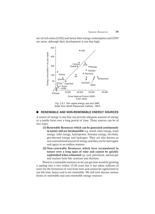 Natural Resources 39
are oil rich states (UAE) and hence their energy consumption and GNP
are more, although their development is not that high.
600
450
300
50
150
0
USA
Sweden
Germany
Denmark
Japan
Switzerland
UK
Argentina
Greece
China
Egypt
India
Ethiopia
10,000 20,000 30,000 40,000
Gross National Product (GNP)
$ per capita
Russia
Canada
Kuwait
UAE
EnergyconsumptioninGJpercapita
Norway
Fig. 2.5.1. Per capita energy use and GNP
(Data from World Resources Institute, 1997)
n RENEWABLE AND NON-RENEWABLE ENERGY SOURCES
A source of energy is one that can provide adequate amount of energy
in a usable form over a long period of time. These sources can be of
two types:
(1) Renewable Resources which can be generated continuously
in nature and are inexhaustible e.g. wood, solar energy, wind
energy, tidal energy, hydropower, biomass energy, bio-fuels,
geo-thermal energy and hydrogen. They are also known as
non-conventional sources of energy and they can be used again
and again in an endless manner.
(2) Non-renewable Resources which have accumulated in
nature over a long span of time and cannot be quickly
replenished when exhausted e.g. coal, petroleum, natural gas
and nuclear fuels like uranium and thorium.
Wood is a renewable resource as we can get new wood by growing
a sapling into a tree within 15-20 years but it has taken millions of
years for the formation of coal from trees and cannot be regenerated in
our life time, hence coal is not renewable. We will now discuss various
forms of renewable and non-renewable energy resource.
 